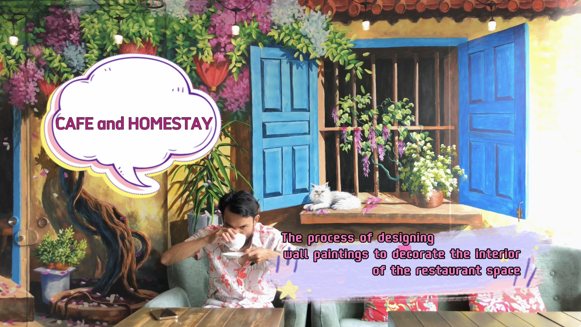 The process of designing and painting interior wall paintings for Cafe and Homestay spaces 1